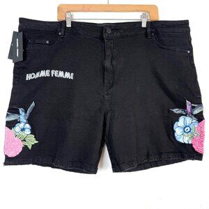 Homme + Femme Embroidered Floral Denim 7" Shorts Jorts Mens 44 Black Street Wear
